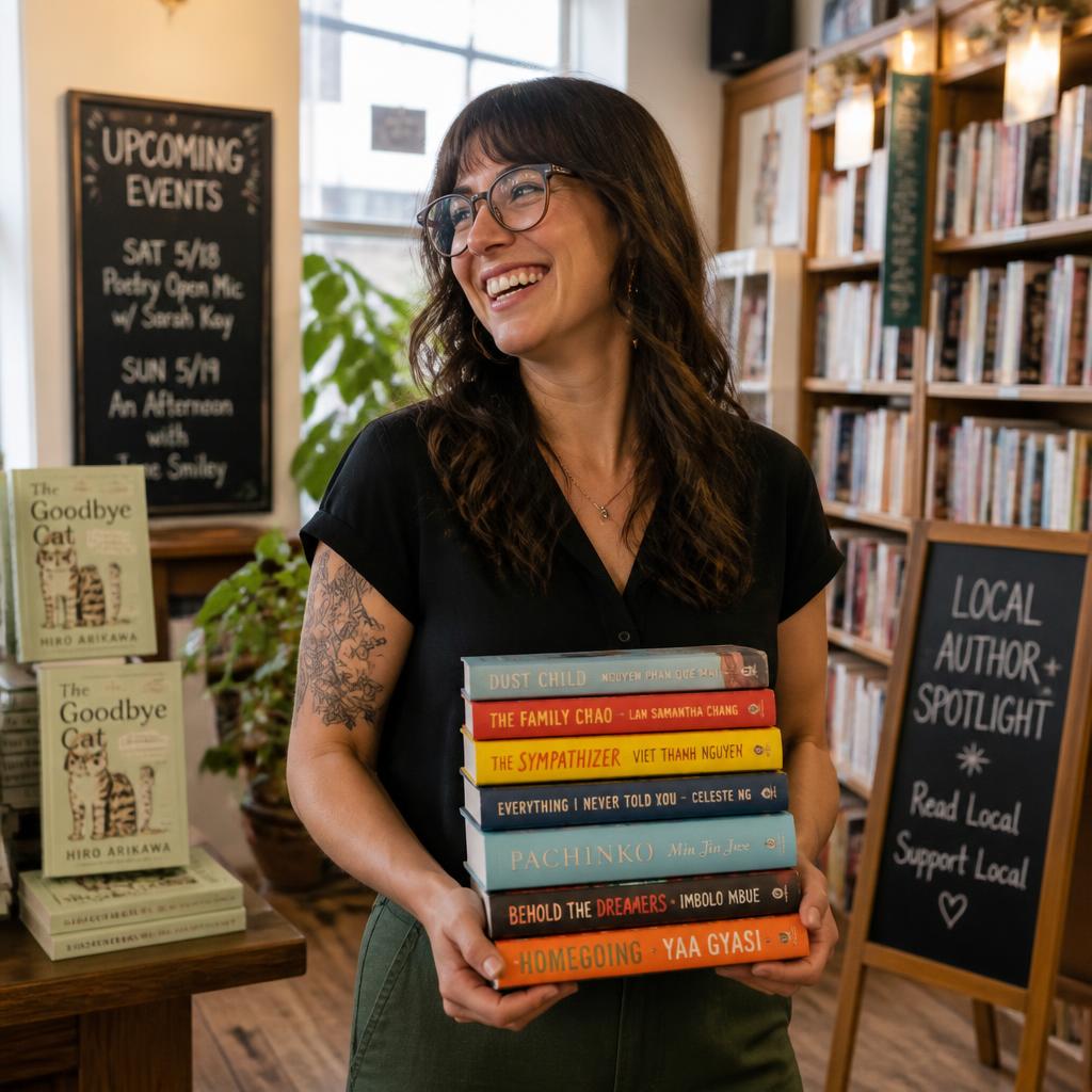 Smiling writer holding a stack of colorful books in a bookstore