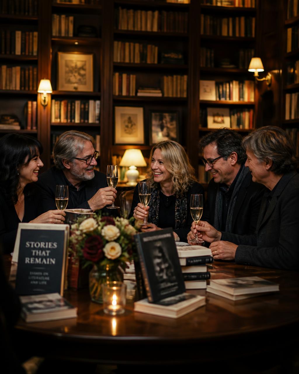 Authors celebrating around a cozy library table with champagne and books